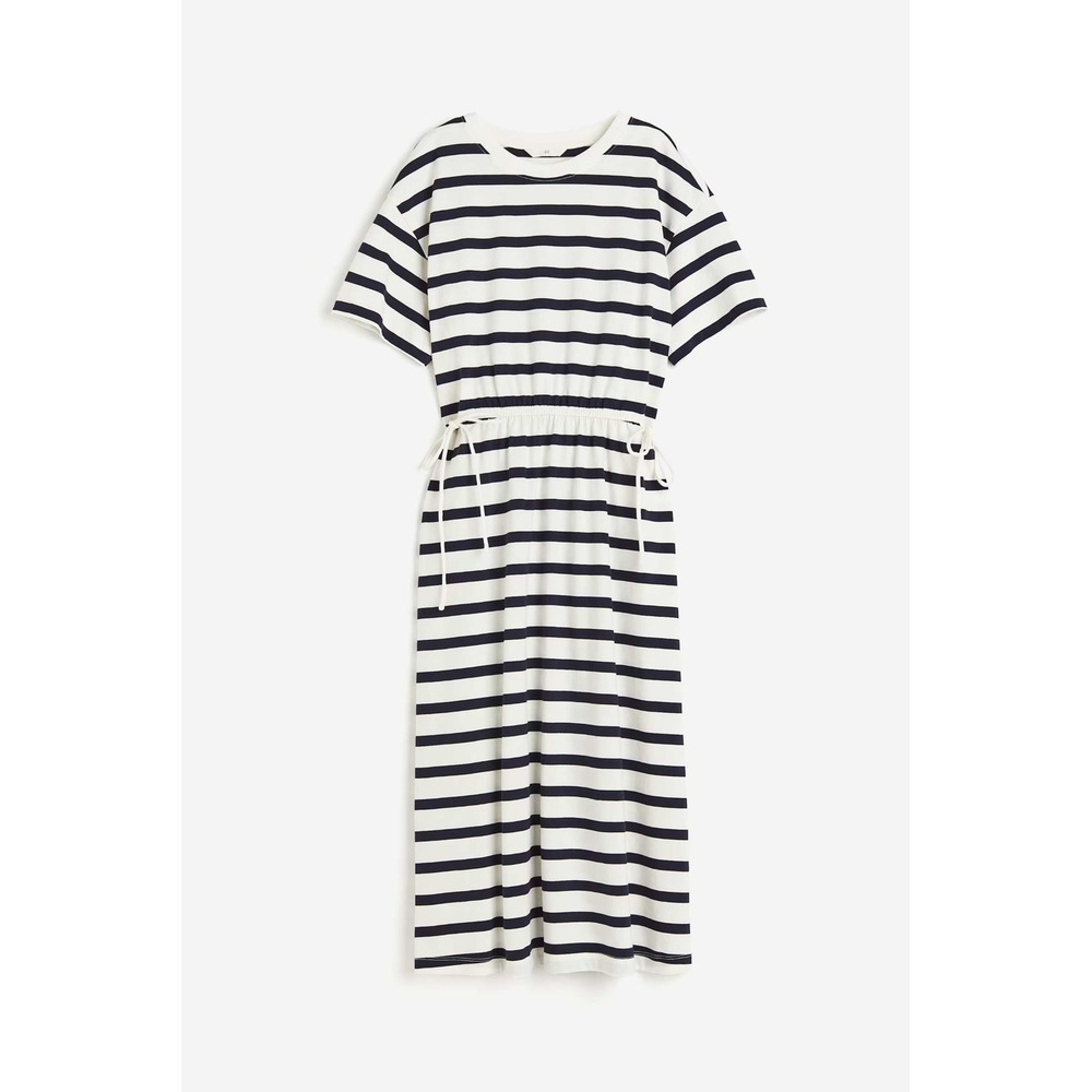 H&M Blue and White Striped Tie Waist T-Shirt Dress Size L‎ Cotton Nautical Midi